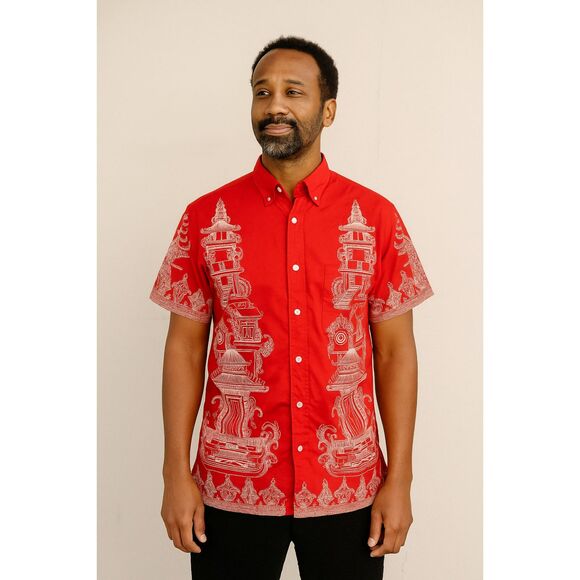 Vintage Mossimo Red Summer Beach Short Sleeve Button Down Shirt Men's Size M - Picture 1 of 7